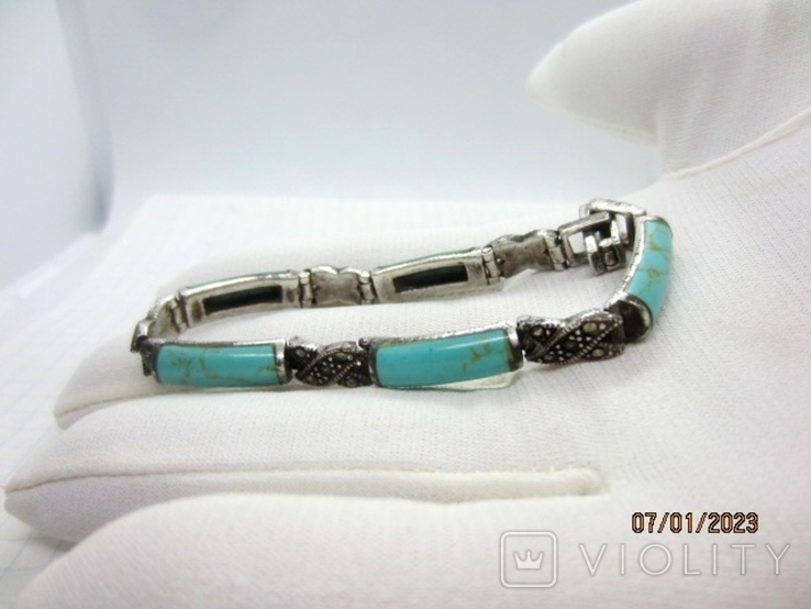 Vintage bracelet silver 925 marcasite natural turquoise, photo number 2