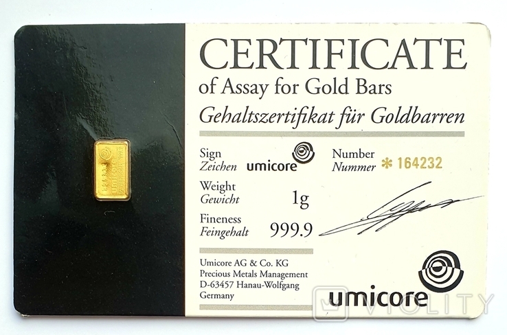 Золотой слиток. 1 г. 999,9 проба. Umicore. Германия.