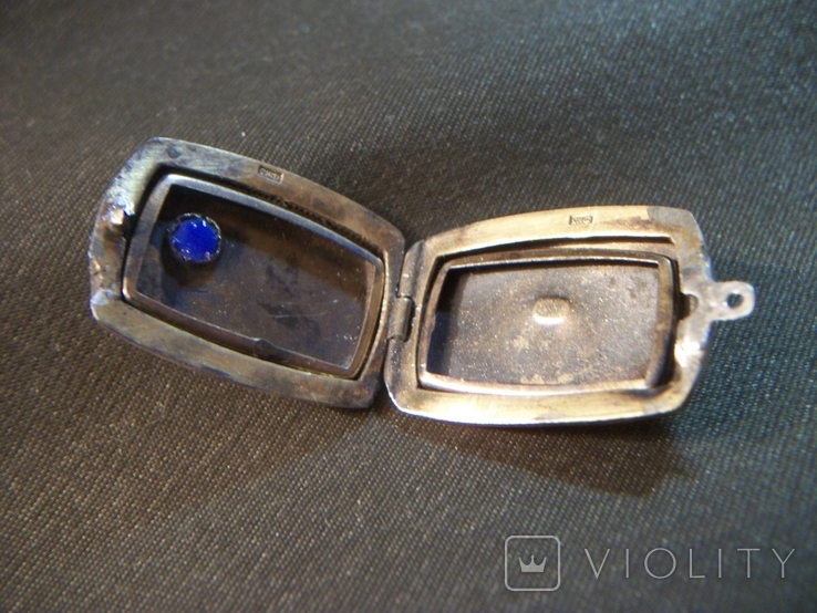 3Я34 Открывающийся кулон, локет, подвеска из серебра 875 пробы, синий кабашон и позолота, фото №5
