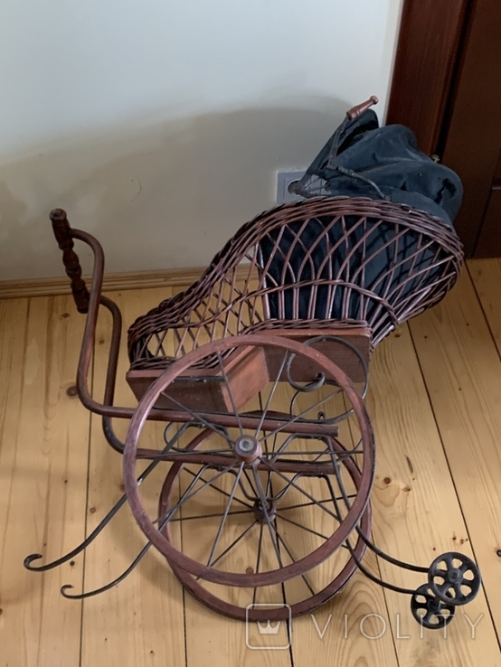 Antique large wicker wooden canvas stroller for antique dolls Germany, photo number 6