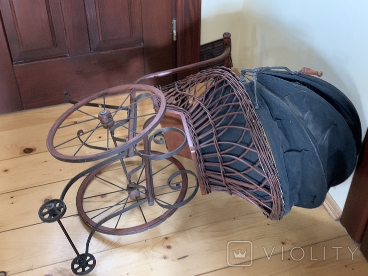 Antique large wicker wooden canvas stroller for antique dolls Germany, photo number 10