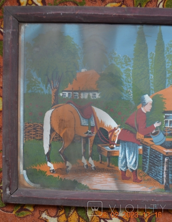Old Ukrainian painting "Cossack with a girl at the well". Cardboard, butter. Size 88x60 cm., photo number 6