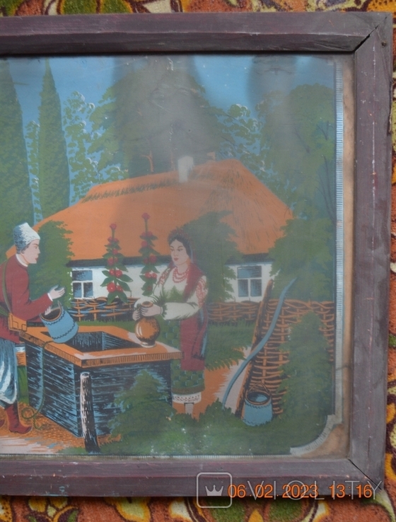 Old Ukrainian painting "Cossack with a girl at the well". Cardboard, butter. Size 88x60 cm., photo number 7