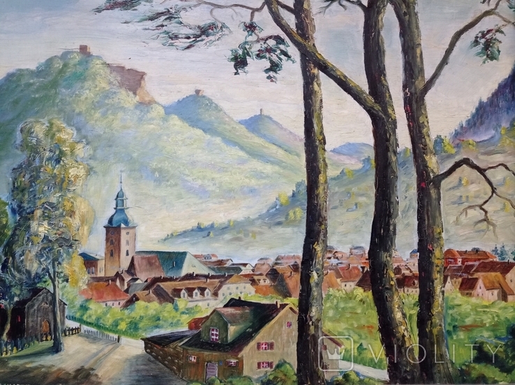 Antique painting City in the mountains. Rothenberg, oil, L., Germany., photo number 4