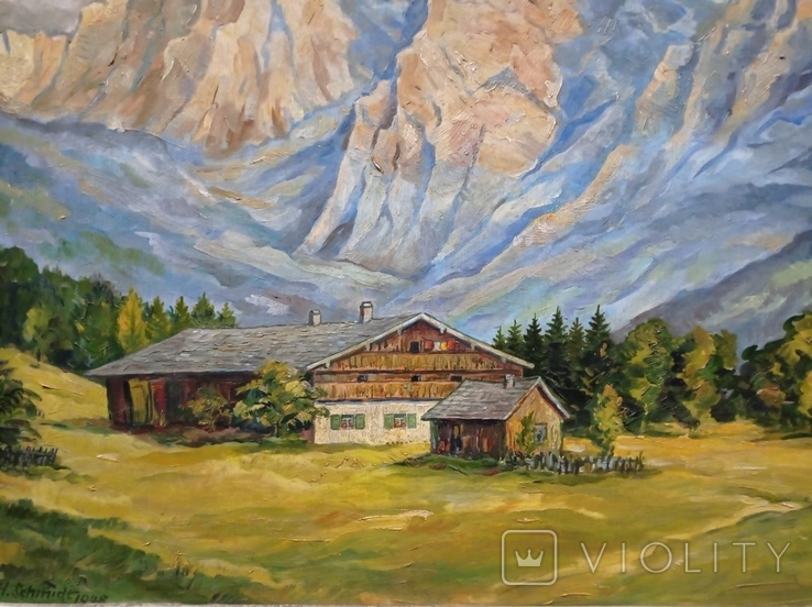 Ancient painting House in the Bavarian Alps, oil, 1948, H.Schmidt, Germany.Original, photo number 6