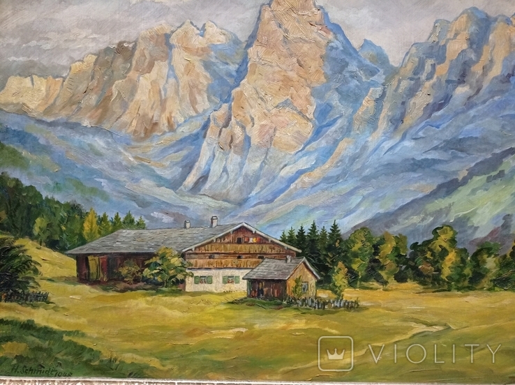 Ancient painting House in the Bavarian Alps, oil, 1948, H.Schmidt, Germany.Original, photo number 7