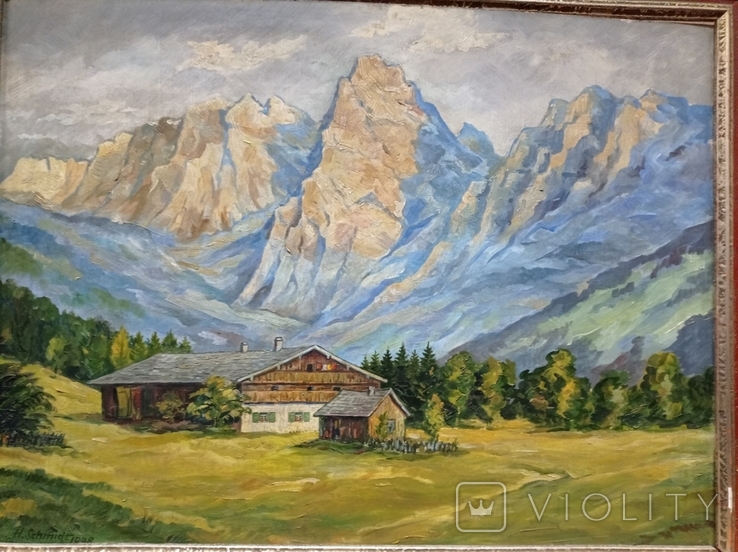 Ancient painting House in the Bavarian Alps, oil, 1948, H.Schmidt, Germany.Original, photo number 8