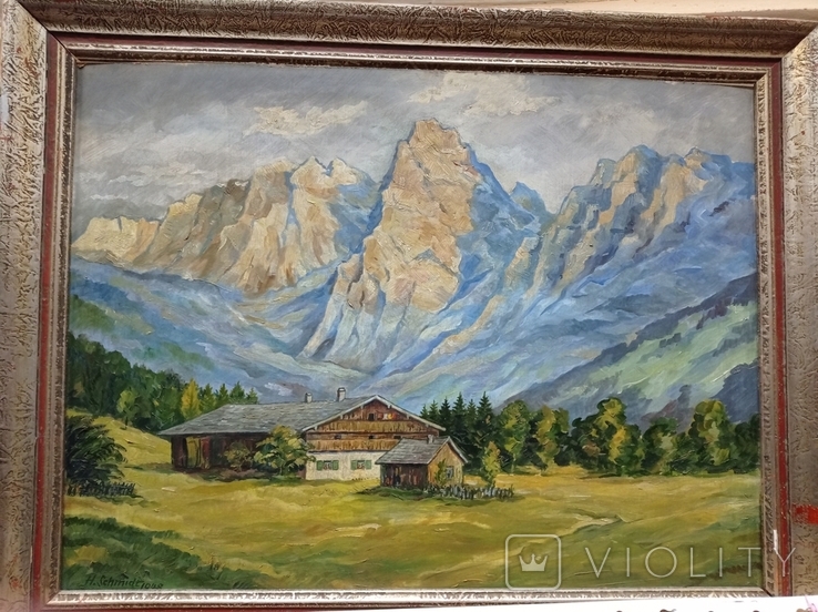 Ancient painting House in the Bavarian Alps, oil, 1948, H.Schmidt, Germany.Original, photo number 3