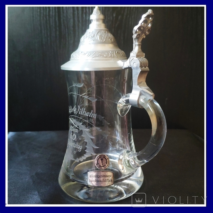 Beer mug with lid, for the 60th anniversary, hand engraved, Germany