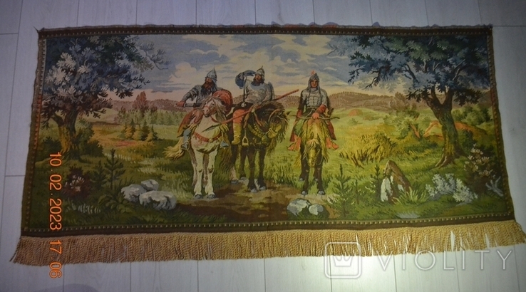Vintage tapestry "Three heroes". Production of the GDR. From the USSR. Size 154 x 67 (73) cm. No. 5