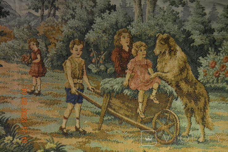 Vintage tapestry "Children playing with a dog". Production of the GDR. USSR. Size 107x54 cm. No3, photo number 4