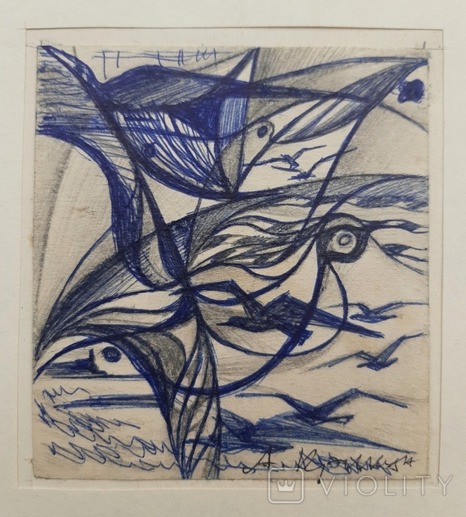 Крикун Алла (1948 г.р.). "Пташки", изображение 10.5х9.5 см. Шариковая ручка, бумага. 1989