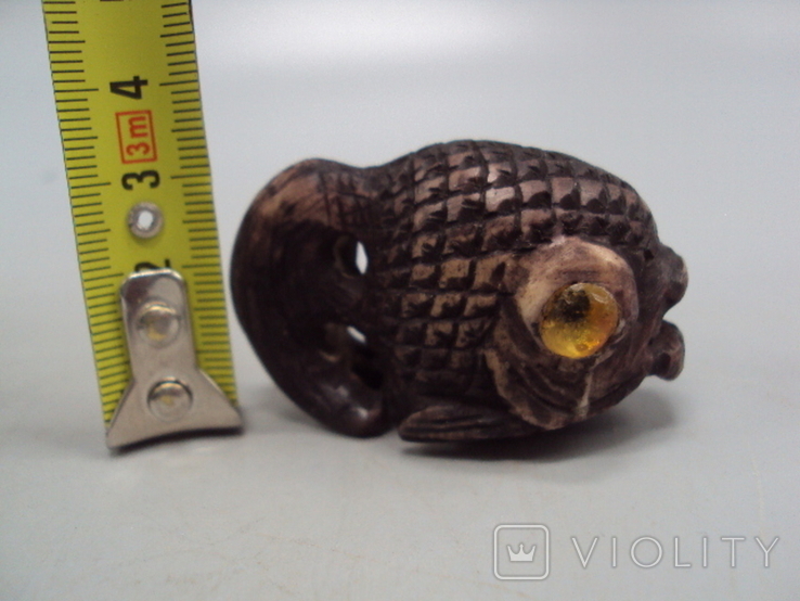 Figura Netsuke, kość, kieł mamuta, miniatura, ryba, ryba, oczy, bursztyn, wysokość 3,1 cm, numer zdjęcia 3