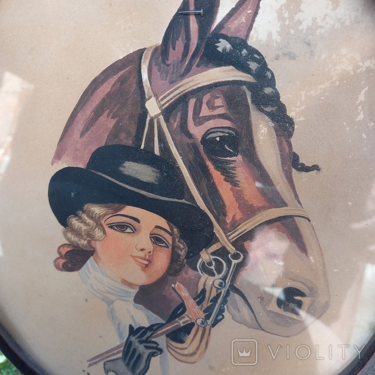 Конь и наездница. 20- е годы ХХ в. Акварель, деревянная рамка, фото №3