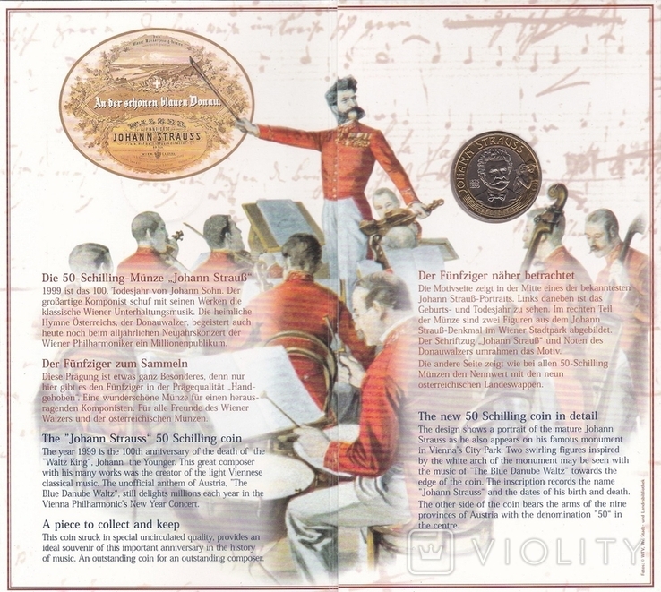 Austria, Austria - 50 Shilling 1999 - 100th anniversary of the death of Johann Strauss in the booklet, photo number 3