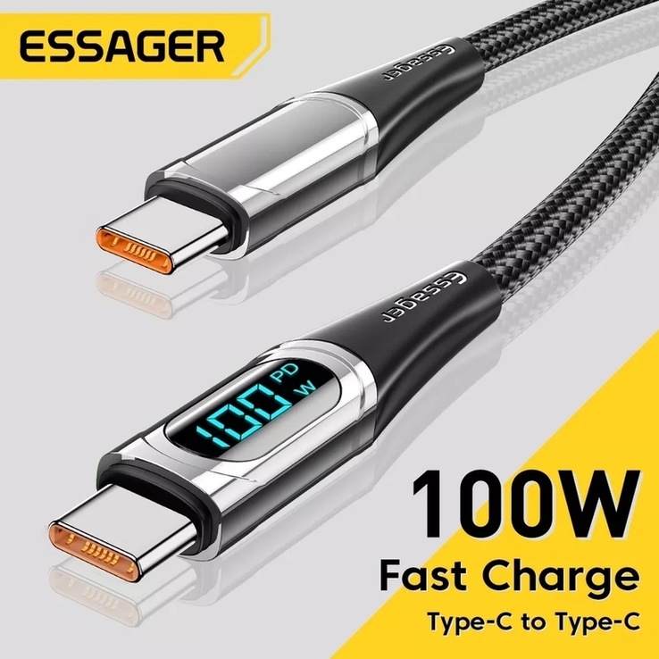  Usb Кабель Essager 100W Вт 5А 1 м + display USB-A/Type-C, фото №2