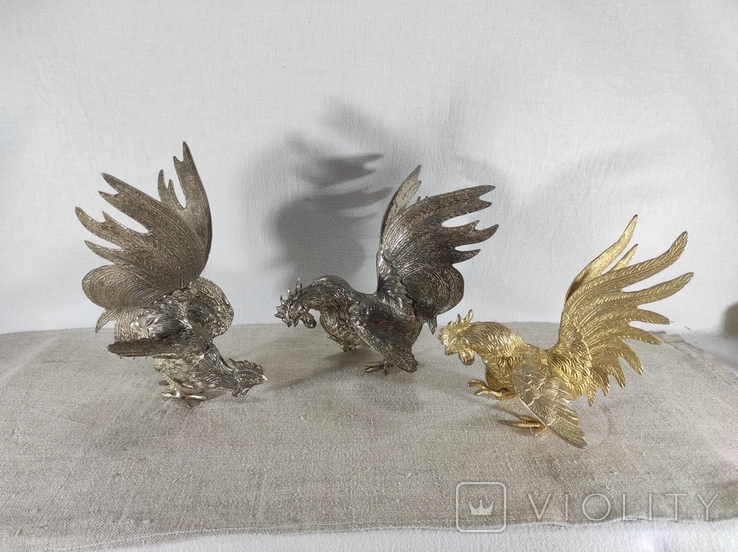 Bronze figurines/fighting roosters 3 pieces, photo number 3