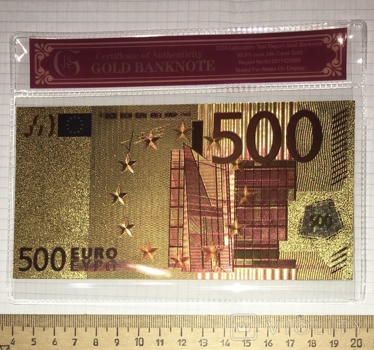 Gold-plated souvenir banknote 500 Euro in a security file, envelope / souvenir, photo number 2