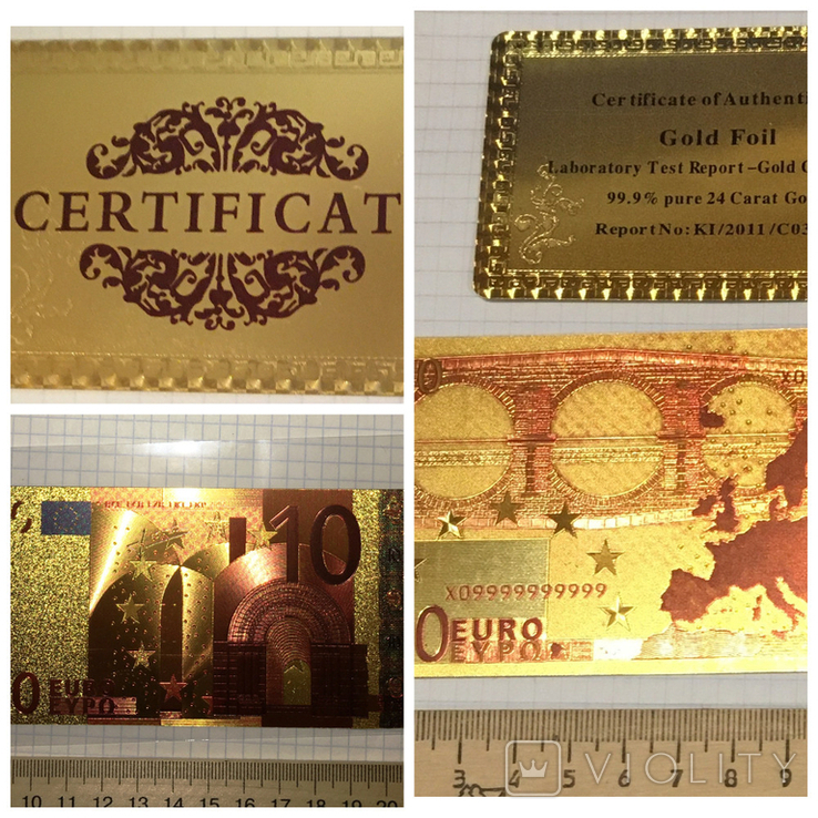 Золота сувенірна банкнота 10 євро (24К) в захисному файлі + сертифікат / сувенір, фото №2