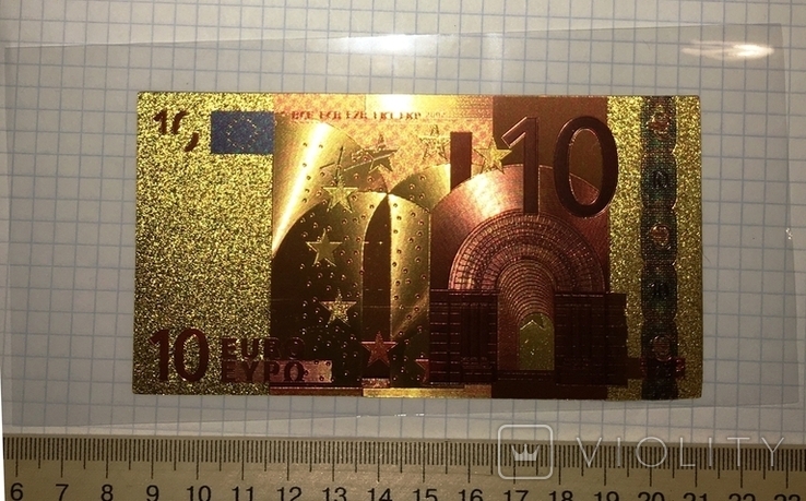 Золота сувенірна банкнота 10 євро (24К) в захисному файлі + сертифікат / сувенір, фото №3