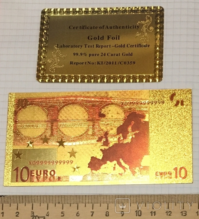 Золота сувенірна банкнота 10 євро (24К) в захисному файлі + сертифікат / сувенір, фото №7