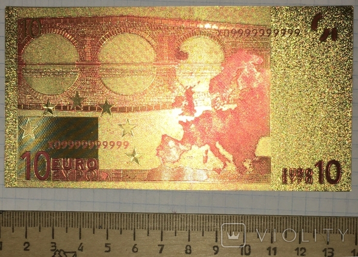 Золота сувенірна банкнота 10 євро (24К) в захисному файлі + сертифікат / сувенір, фото №9