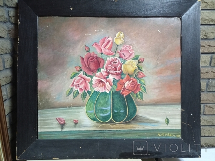 Antique still life "Roses", A. Worterbach, 1933, oil, 71.5 x 61 cm, Germany. Original