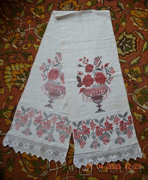 Embroidered towel old Ukrainian "Roses". Hemp cloth. Cross-stitch. 260x46 cm No. 2, photo number 3