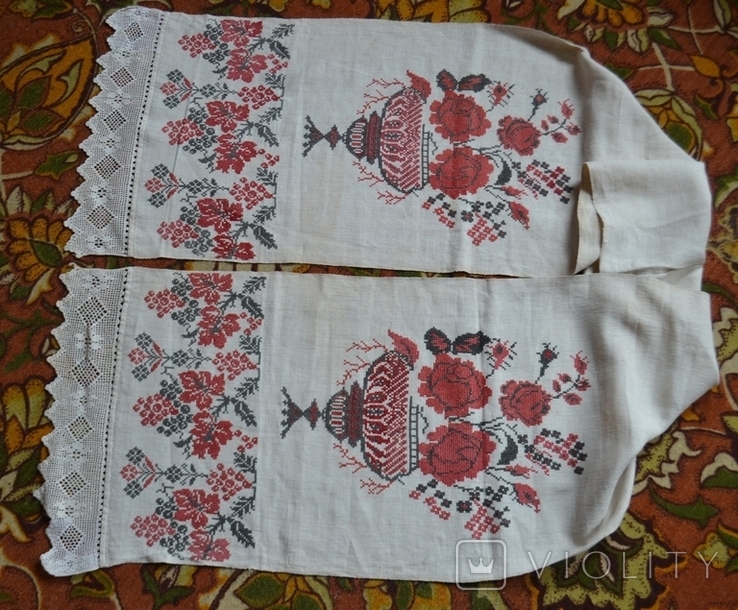 Embroidered towel old Ukrainian "Roses". Hemp cloth. Cross-stitch. 260x46 cm No. 2, photo number 4