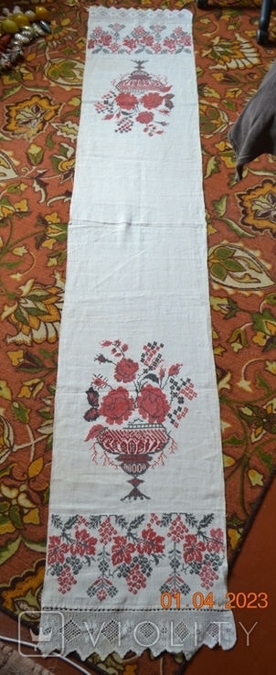 Embroidered towel old Ukrainian "Roses". Hemp cloth. Cross-stitch. 260x46 cm No. 2, photo number 6