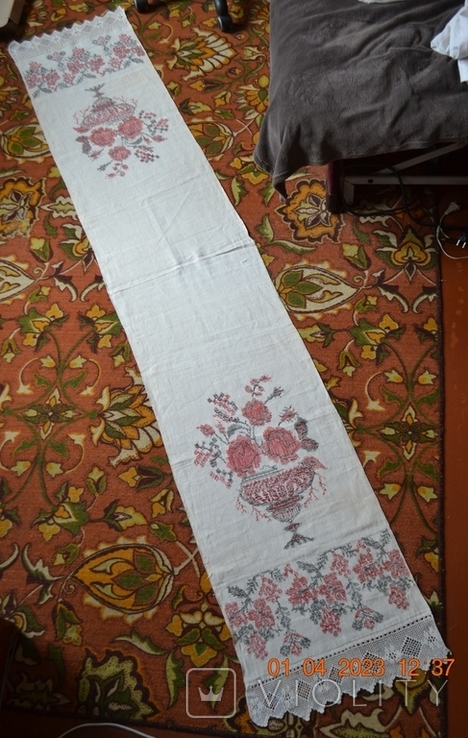 Embroidered towel old Ukrainian "Roses". Hemp cloth. Cross-stitch. 260x46 cm No. 2, photo number 7