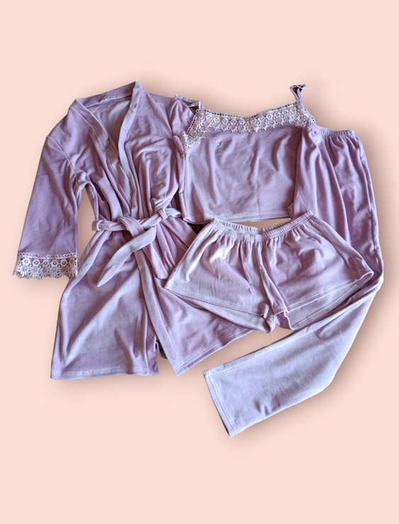 Женская велюровый комплект 4в1 майка шорты штаны и халат, фото №2