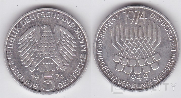 Germany Germany - 5 Mark 1974 - X - 25th Anniversary of the Adoption of the Constitution of the Federal Republic of Germany Silver