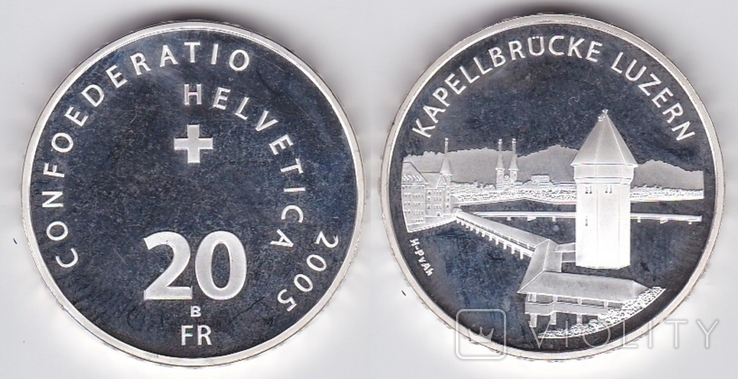 Switzerland - 20 Francs 2005 Kapellbrücke Bridge Silver
