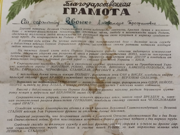 Велика благодарственная грамота 30 на 42 см, 1945 рік, 1-й Український фронт, фото №4
