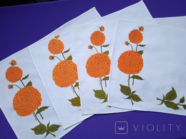 4 салфетки принт Цветы Георгины , винтаж Vony France, фото №3