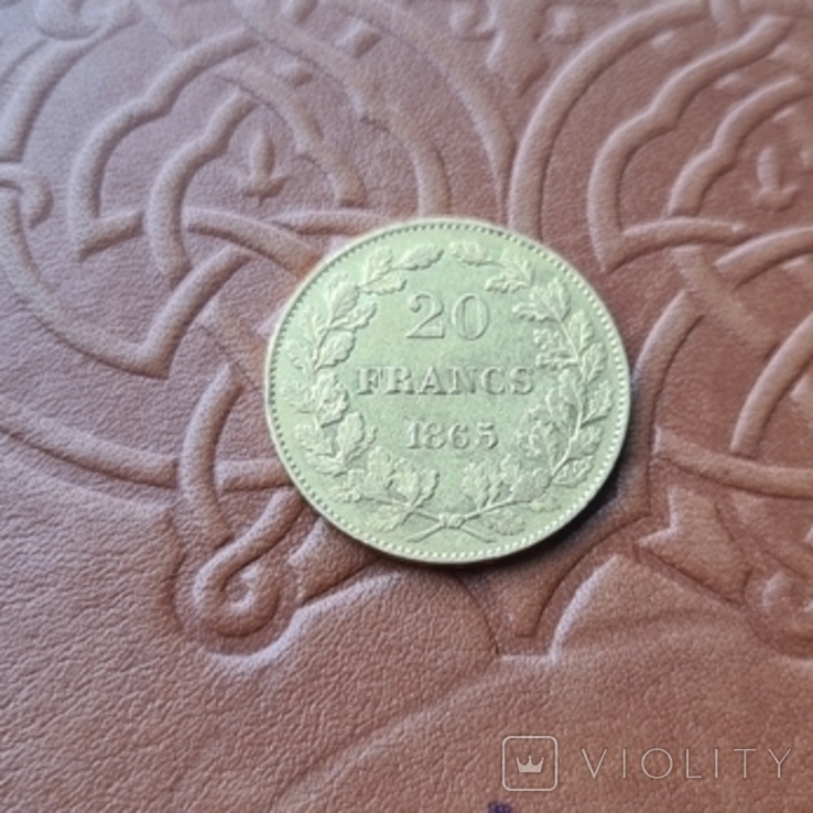 Бельгія 20 франків, 1865 золото, фото №3