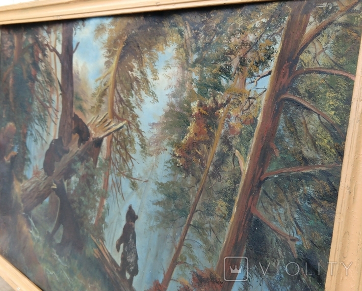 Велика стара картина И. Шишкин Утро в сосновом бору. Копия. 100х64 см., фото №6