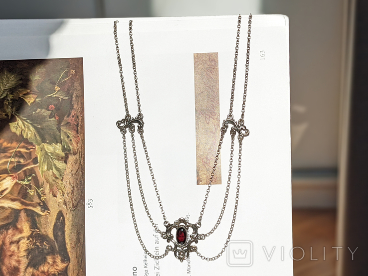 Silver antique necklace with garnets 835 Germany necklace silver pendant vintage, photo number 2