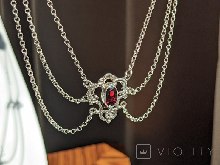 Silver antique necklace with garnets 835 Germany necklace silver pendant vintage, photo number 4