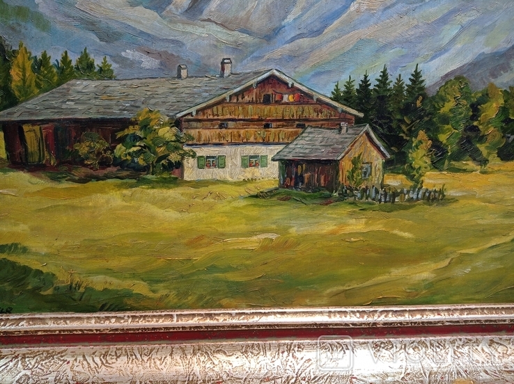 Ancient painting House in the Bavarian Alps, oil, 1948, H.Schmidt, Germany.Original, photo number 11