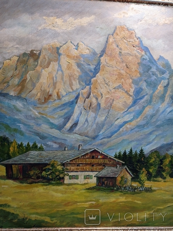Ancient painting House in the Bavarian Alps, oil, 1948, H.Schmidt, Germany.Original, photo number 12
