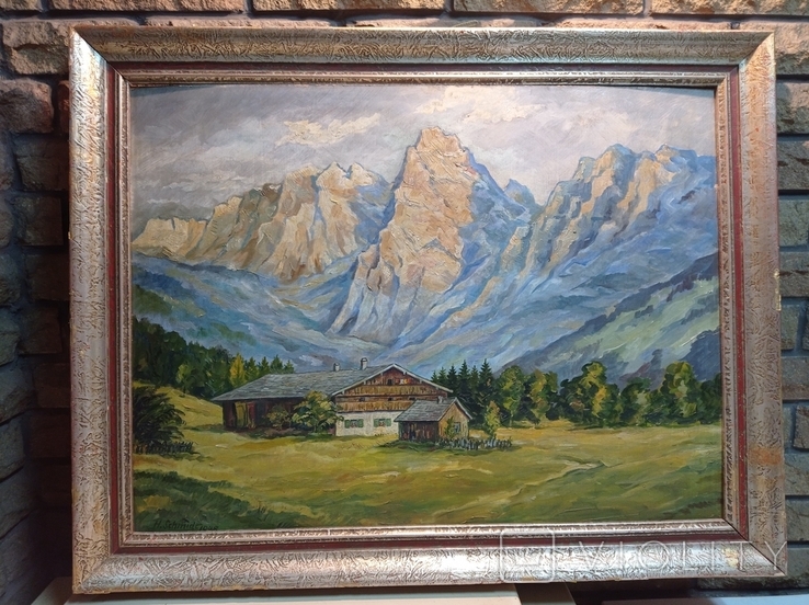 Ancient painting House in the Bavarian Alps, oil, 1948, H.Schmidt, Germany.Original, photo number 2