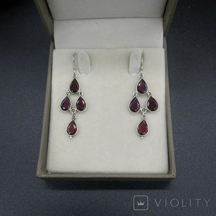 Silver bezel earrings with pomegranate-colored inserts., photo number 2