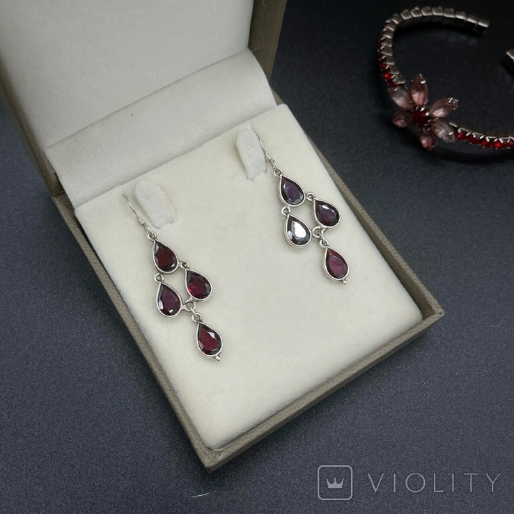 Silver bezel earrings with pomegranate-colored inserts., photo number 3