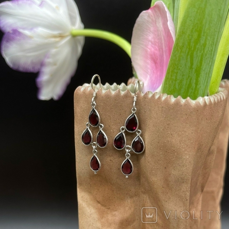 Silver bezel earrings with pomegranate-colored inserts., photo number 4
