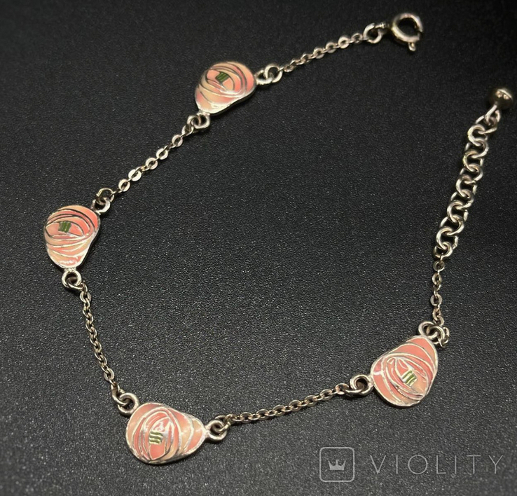 Silver bracelet with pink enamel in the form of a rose., photo number 2