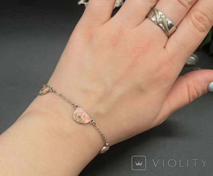 Silver bracelet with pink enamel in the form of a rose., photo number 5