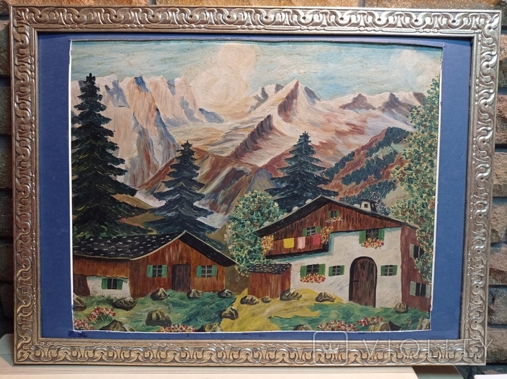 Antique painting House in the Bavarian Alps, oil, 45x37 cm, Germany., photo number 2