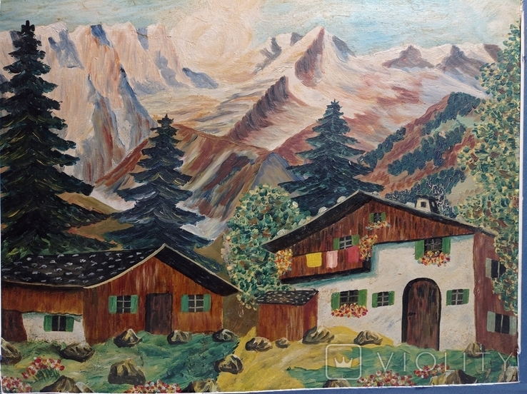 Antique painting House in the Bavarian Alps, oil, 45x37 cm, Germany., photo number 8